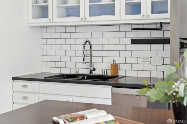5 College Ter, San Francisco, CA 94112 - kitchen with a sink, decorative backsplash, white cabinetry, and glass insert cabinets