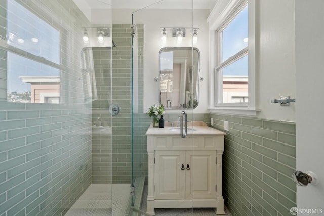 5 College Ter, San Francisco, CA 94112 - bathroom featuring tile walls, a shower stall, vanity, and a wainscoted wall