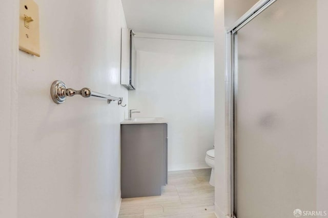 bathroom featuring a shower stall, vanity, and toilet