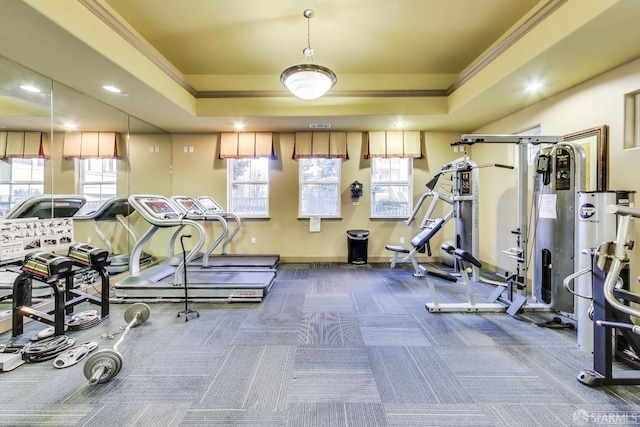 exercise room featuring a healthy amount of sunlight and a tray ceiling