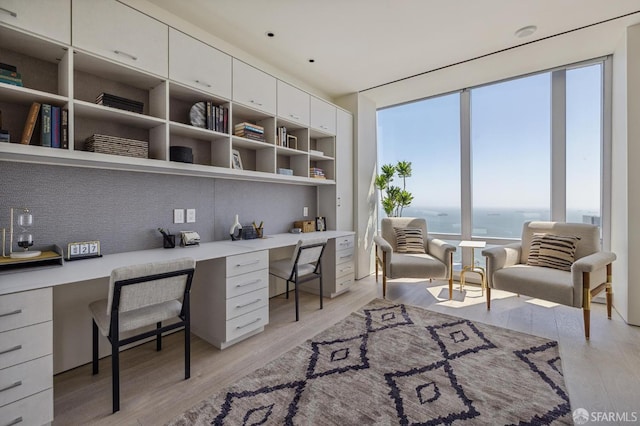 office area featuring light wood-type flooring, built in desk, and a water view