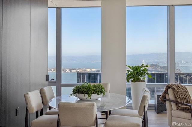 dining room with a water view and light hardwood / wood-style floors