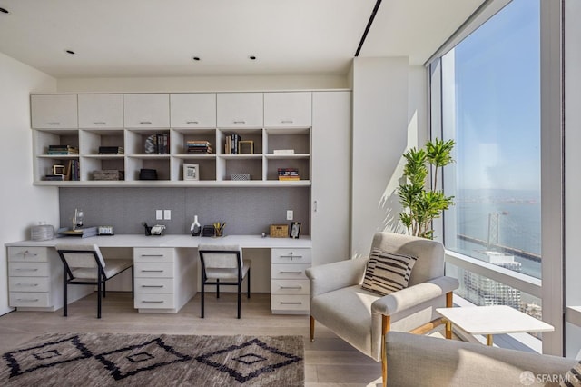 office space featuring light wood-type flooring and built in desk