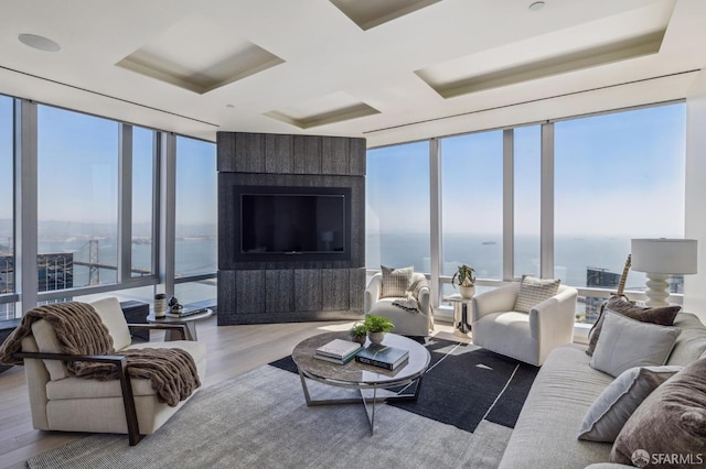 living room featuring light hardwood / wood-style flooring, a large fireplace, and a wall of windows