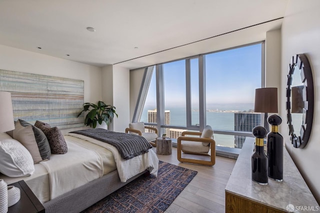 bedroom featuring light hardwood / wood-style flooring and a water view