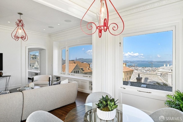 2500 Steiner St Unit 3, San Francisco, CA 94115 - living area featuring ornamental molding, wood finished floors, and a water view