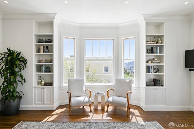 2500 Steiner St Unit 3, San Francisco, CA 94115 - sitting room featuring dark wood-style floors, crown molding, recessed lighting, and built in shelves