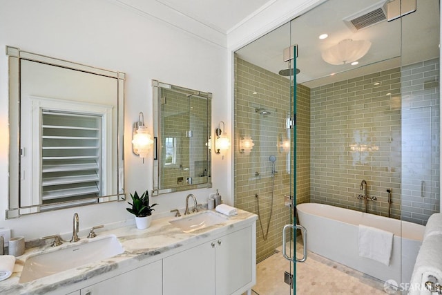 2500 Steiner St Unit 3, San Francisco, CA 94115 - bathroom featuring a freestanding bath, double vanity, a stall shower, tile patterned flooring, and ornamental molding