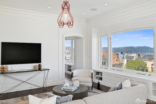 2500 Steiner St Unit 3, San Francisco, CA 94115 - living area with crown molding, a mountain view, plenty of natural light, and wood finished floors
