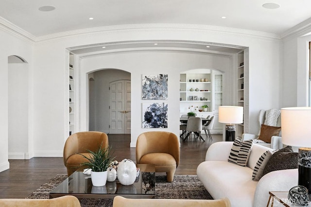 2500 Steiner St Unit 3, San Francisco, CA 94115 - living room with built in shelves, arched walkways, crown molding, and wood finished floors