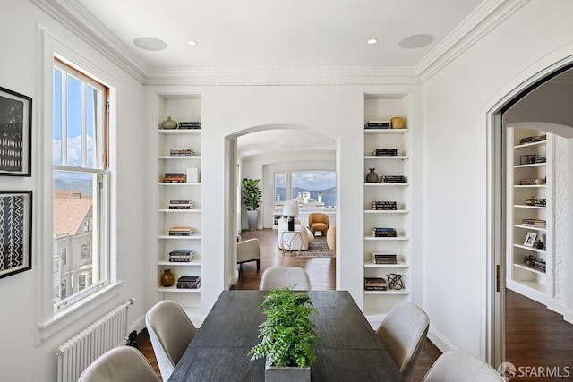 2500 Steiner St Unit 3, San Francisco, CA 94115 - dining space with radiator, arched walkways, built in features, plenty of natural light, and ornamental molding