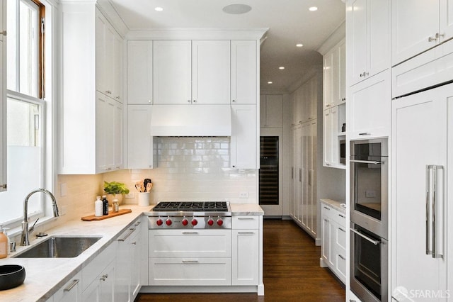 2500 Steiner St Unit 3, San Francisco, CA 94115 - kitchen featuring stainless steel appliances, white cabinetry, decorative backsplash, custom range hood, and plenty of natural light
