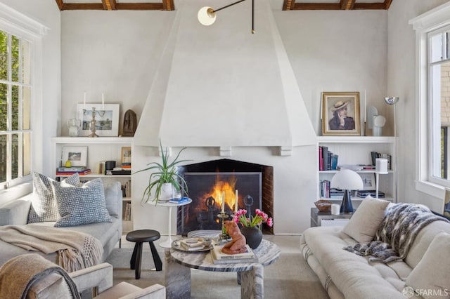 living area featuring a high ceiling and a fireplace