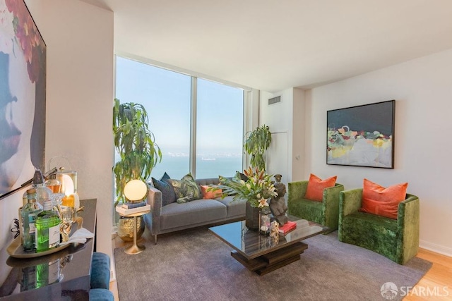 living room with a water view, wood-type flooring, and a wall of windows