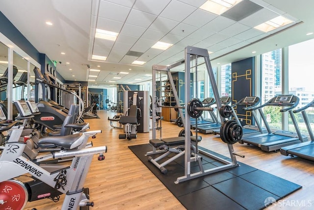 workout area with floor to ceiling windows, wood-type flooring, and plenty of natural light