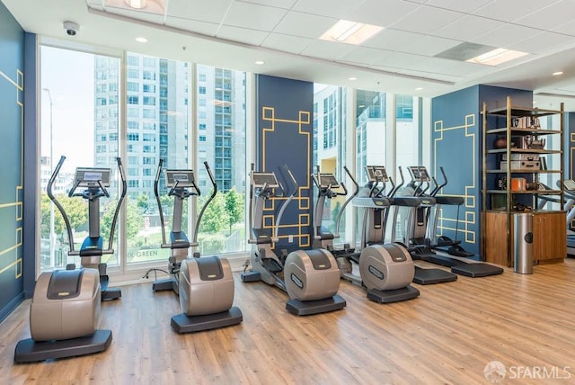 exercise room with a drop ceiling and wood-type flooring