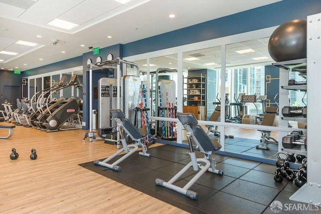 workout area featuring expansive windows and wood-type flooring