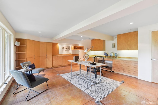 home office with light tile patterned floors, recessed lighting, and beam ceiling