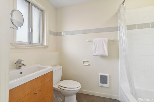 bathroom with tile patterned flooring, vanity, toilet, heating unit, and shower / bathtub combination with curtain