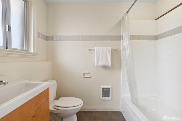 full bath featuring shower / tub combo with curtain, vanity, toilet, tile patterned floors, and heating unit