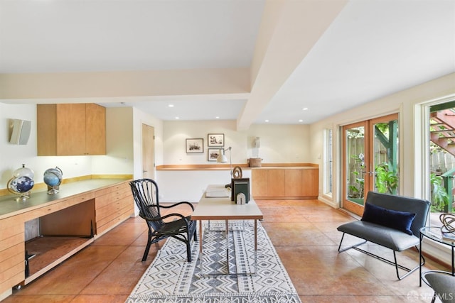 office space featuring light tile patterned floors, recessed lighting, and beam ceiling