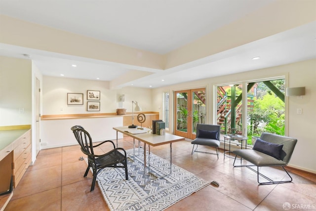 office featuring recessed lighting, french doors, and light tile patterned floors