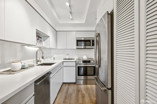 kitchen featuring a tray ceiling, a sink, white cabinets, light wood-style floors, and appliances with stainless steel finishes