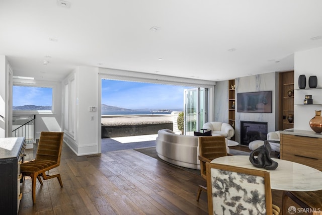 living room with dark hardwood / wood-style floors, a wealth of natural light, built in features, and a fireplace