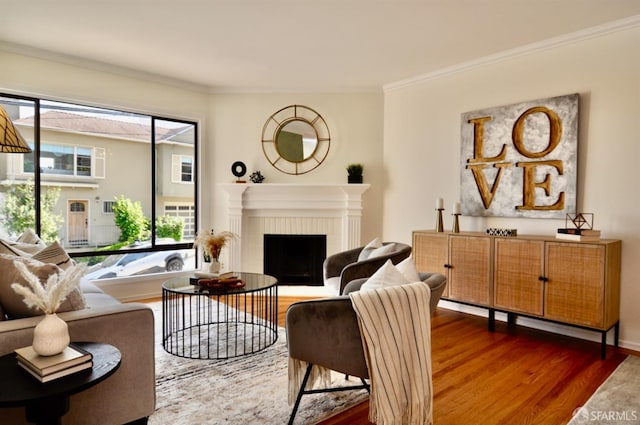 living area with a brick fireplace, wood finished floors, and crown molding