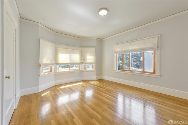 spare room featuring light wood-style floors, baseboards, and crown molding