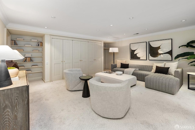 carpeted living room featuring crown molding