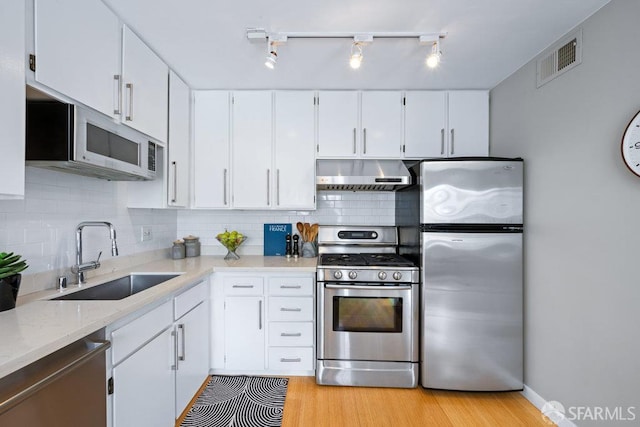 3421 25th St Unit 4, San Francisco, CA 94110 - kitchen featuring appliances with stainless steel finishes, under cabinet range hood, a sink, light wood-style floors, and tasteful backsplash