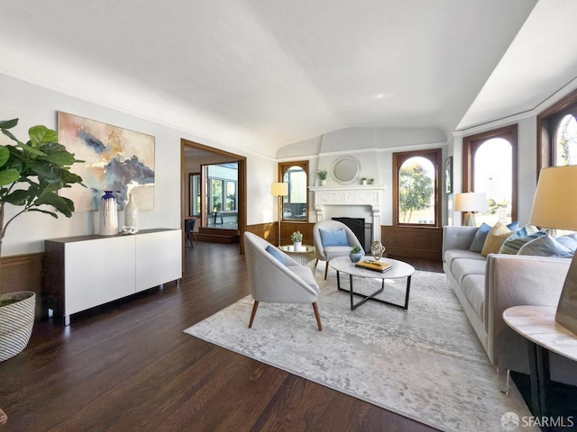 living room featuring vaulted ceiling, a fireplace, and wood finished floors