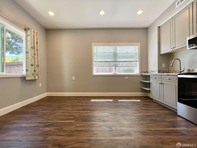 kitchen with sink, dark wood-type flooring, stainless steel appliances, and light stone counters