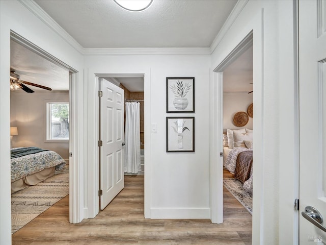 corridor with baseboards, ornamental molding, and light wood finished floors
