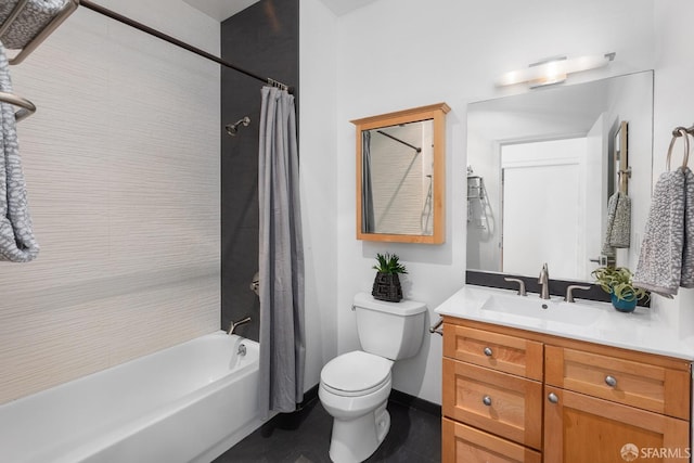 full bathroom with vanity, shower / tub combo with curtain, and toilet