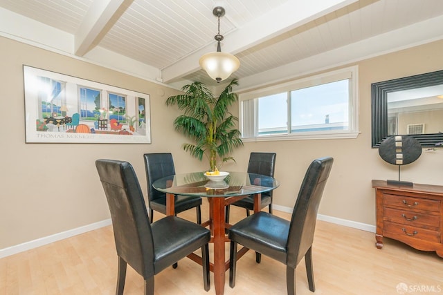 dining area with light wood-type flooring, wood ceiling, and beam ceiling