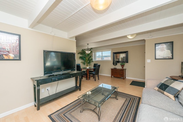 living room with hardwood / wood-style flooring and beam ceiling