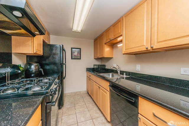 kitchen with black appliances, sink, light tile patterned floors, range hood, and dark stone countertops