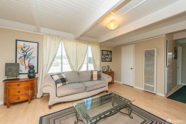 living room with beamed ceiling and wood-type flooring