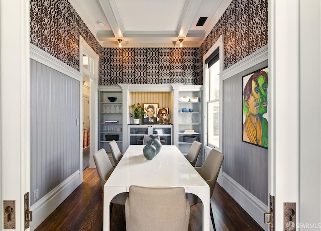 370 Sanchez St, San Francisco, CA 94114 - dining room with baseboards, dark wood-type flooring, wallpapered walls, ornamental molding, and beamed ceiling