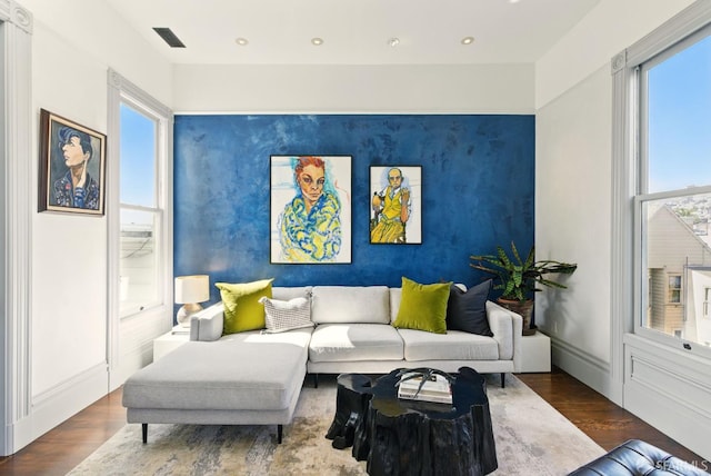 370 Sanchez St, San Francisco, CA 94114 - living area featuring wood finished floors, recessed lighting, and an accent wall