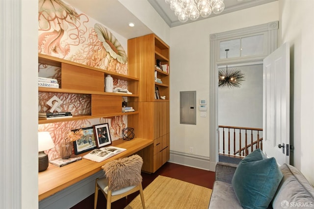 370 Sanchez St, San Francisco, CA 94114 - office space featuring built in desk, dark wood-style floors, electric panel, a chandelier, and ornamental molding