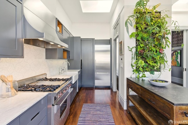 370 Sanchez St, San Francisco, CA 94114 - kitchen featuring premium appliances, extractor fan, dark wood-style flooring, a sink, and backsplash