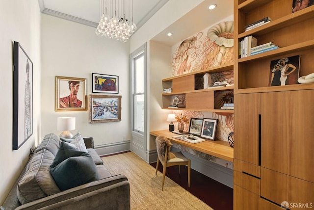 370 Sanchez St, San Francisco, CA 94114 - office area with built in study area, crown molding, recessed lighting, light wood-style floors, and baseboards