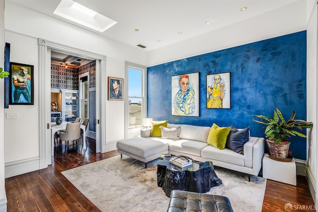370 Sanchez St, San Francisco, CA 94114 - living area featuring a skylight, an accent wall, hardwood / wood-style flooring, baseboards, and recessed lighting