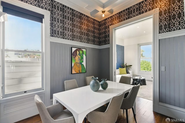 370 Sanchez St, San Francisco, CA 94114 - dining area featuring dark wood-style flooring, coffered ceiling, beamed ceiling, wallpapered walls, and ornamental molding