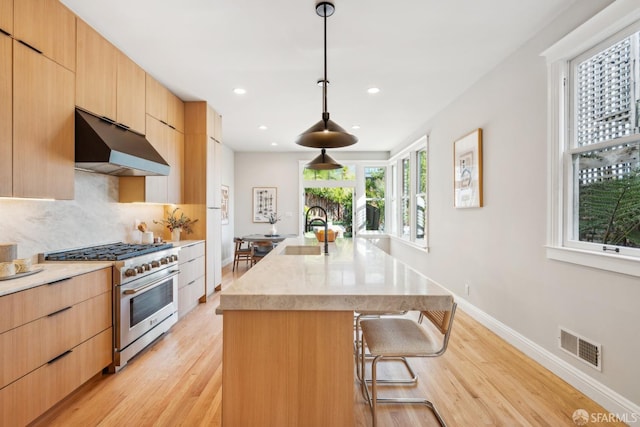 kitchen with tasteful backsplash, visible vents, high end stainless steel range, under cabinet range hood, and a sink