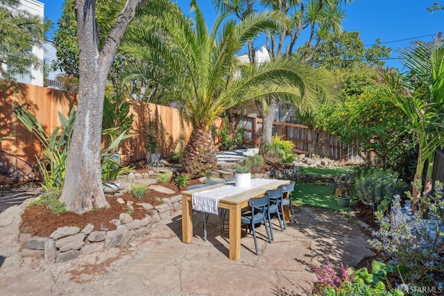 view of patio with a fenced backyard and outdoor dining area