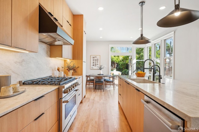 kitchen with appliances with stainless steel finishes, light wood-style floors, a sink, modern cabinets, and under cabinet range hood